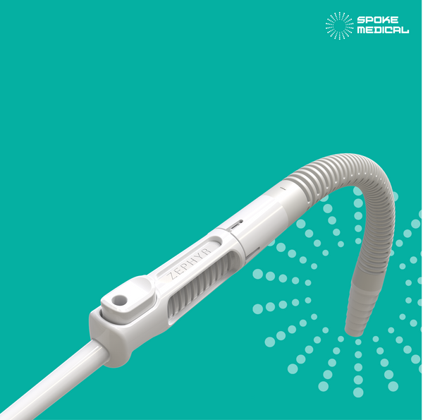 Close-up of the Zephyr device body showing the fingertip airflow port, with the adapter tube curving away behind it
